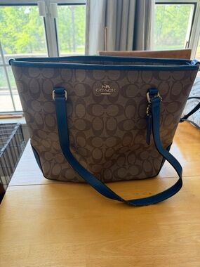 Coach Signature Canvas Tote with Blue Leather Trim